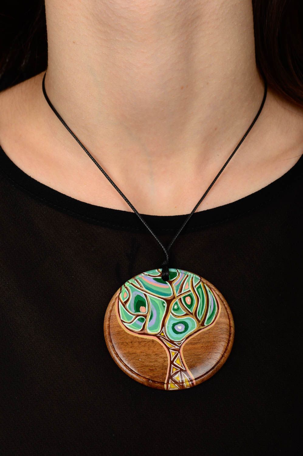 Wooden designer pendant unusual painted pendant handmade accessory for girls photo 2
