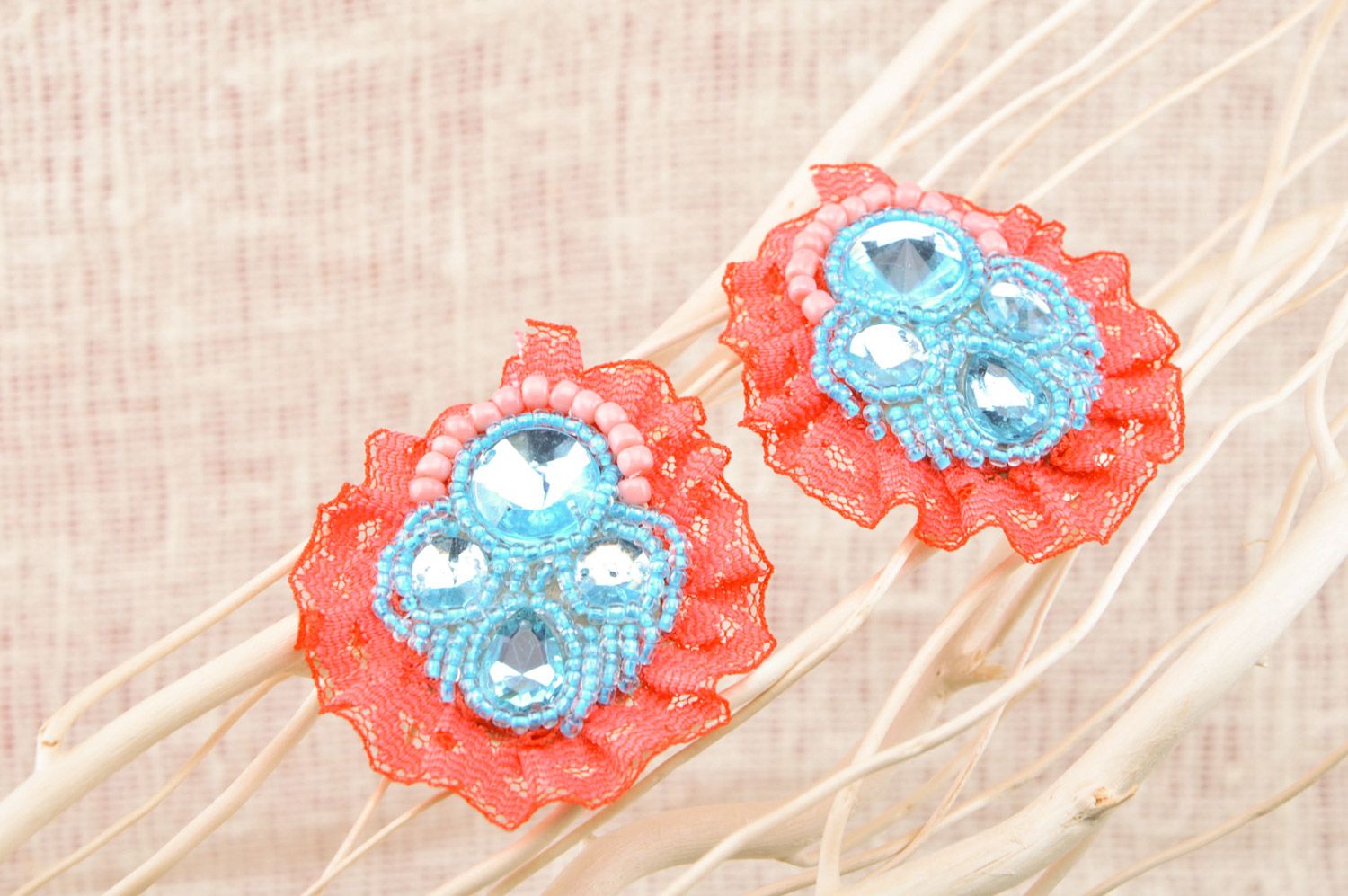 Handmade massive beaded earrings with stones and lace of red and blue colors photo 5