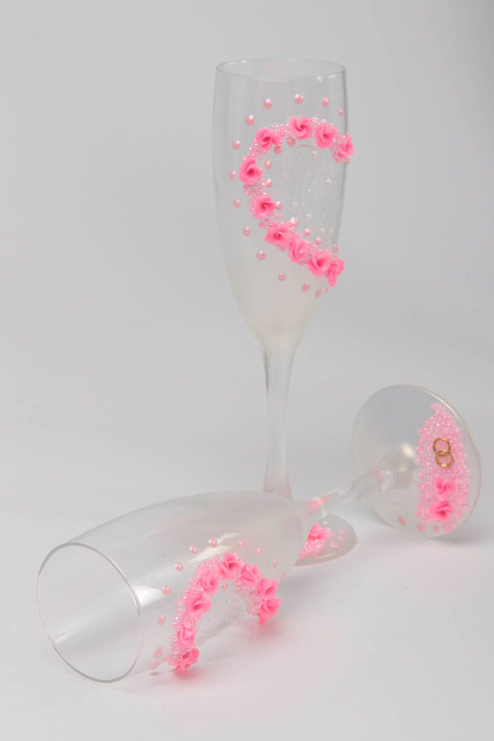 Flûtes à champagne fait main Verres à vin Service vaisselle avec cœur rose 2 pcs photo 4