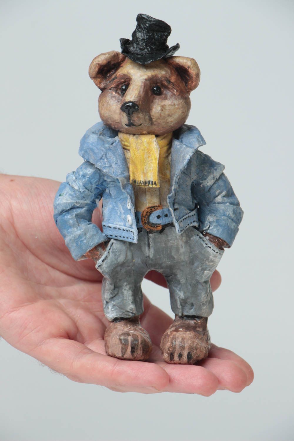 Handmade small painted paper mache statuette of bear Henry for table decor photo 5