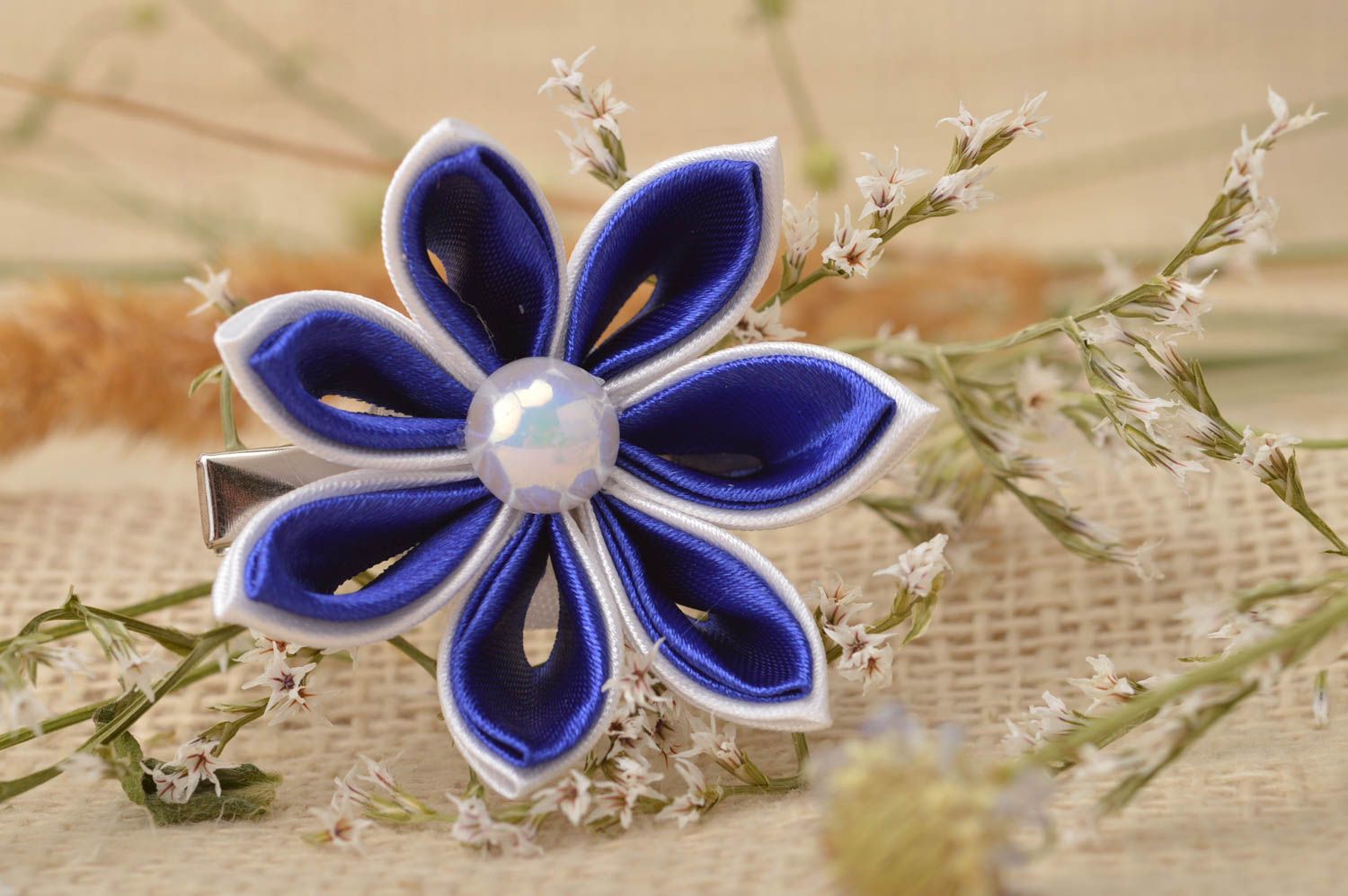 Pince cheveux faite main Barrette fleur kanzashi bleu-blanc Cadeau pour enfant photo 5