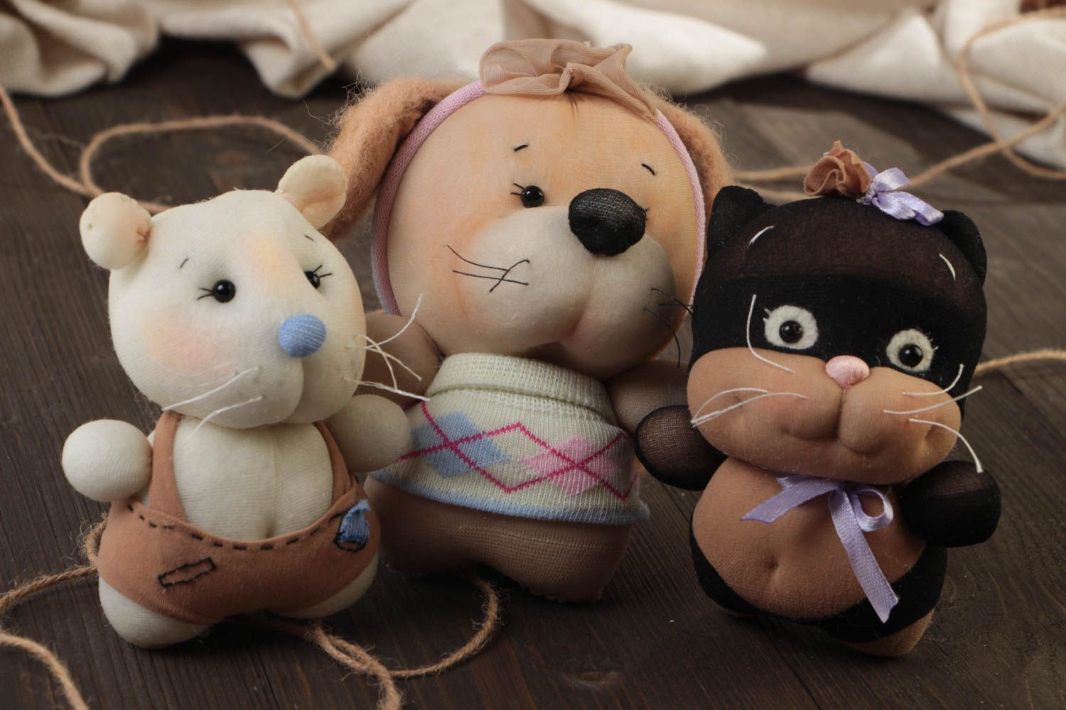 Set of 3 handmade designer small soft toys sewn of nylon dog cat and mouse photo 1