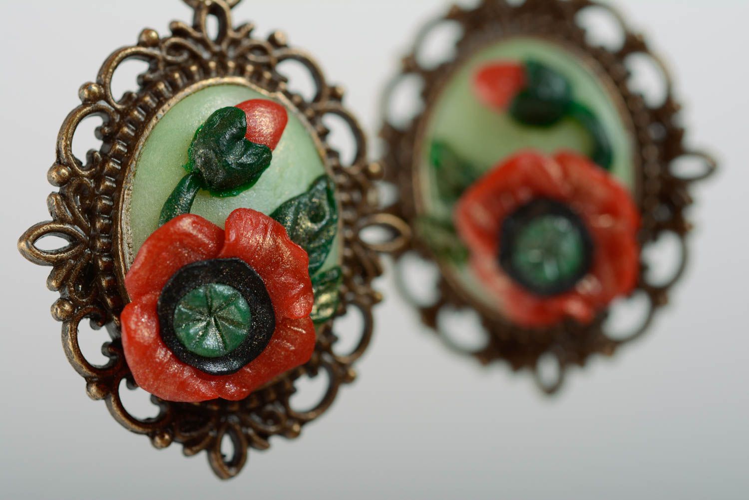 Handmade earrings with charms made of polymer clay in vintage style Poppies photo 2