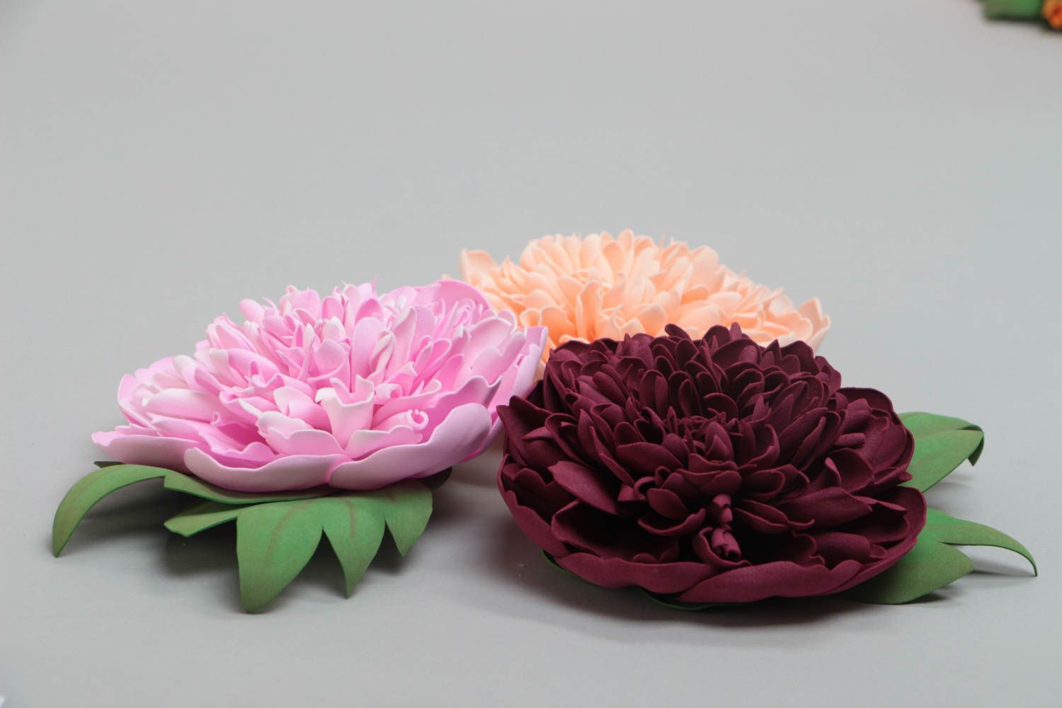 Set of 3 handmade designer brooches with volume large foamiran flowers photo 3