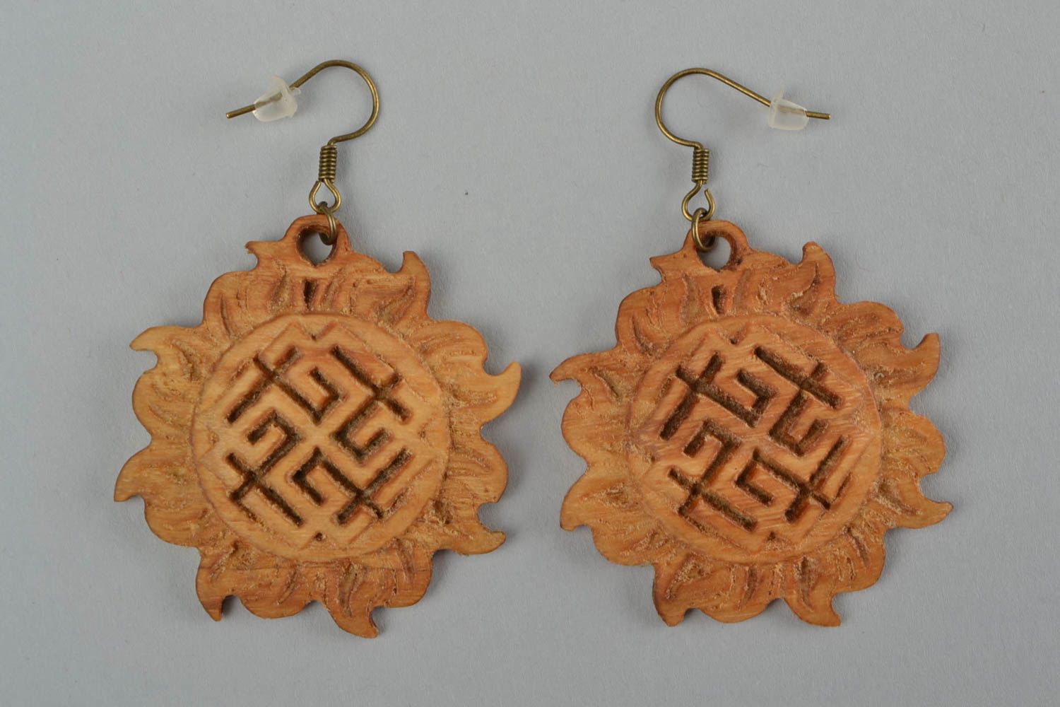 Handmade carved wooden dangle earrings with Slavic symbols  photo 3