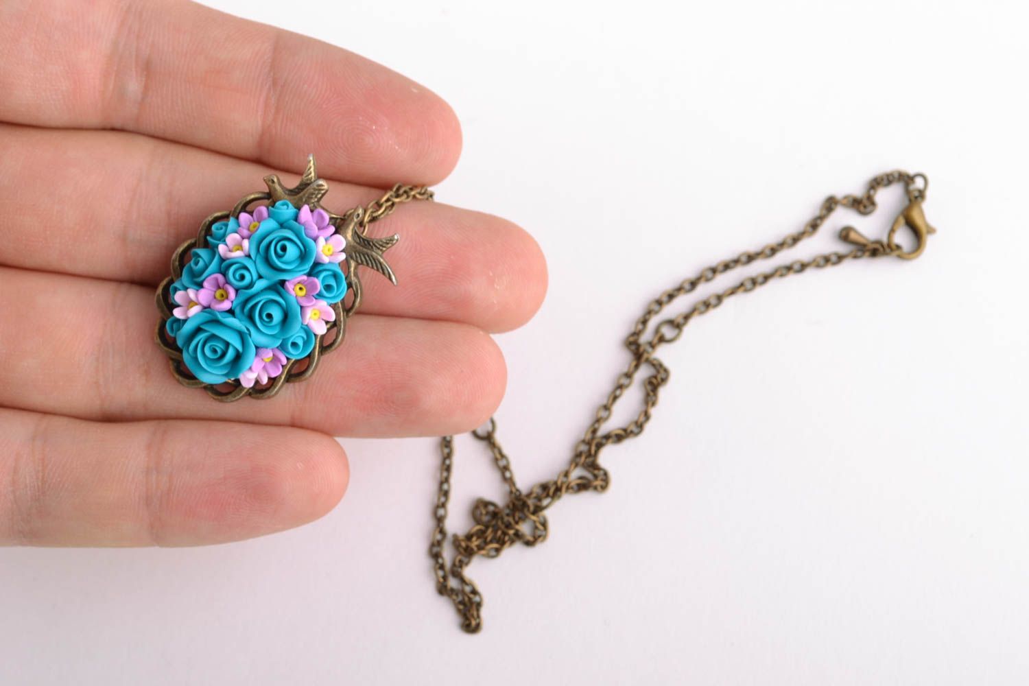 Polymer clay pendant with flowers photo 2