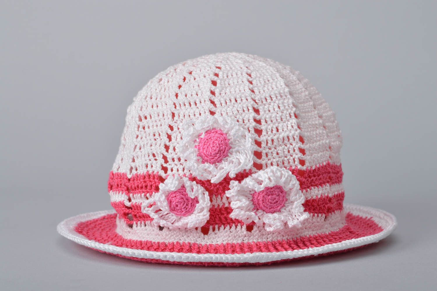Chapeau au crochet fait main Panama enfant blanc-rose Vêtement pour fille photo 7