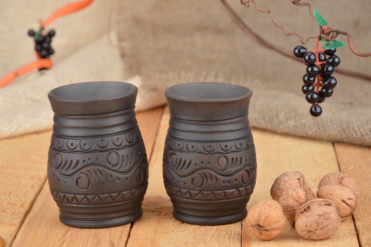Ceramic handmade set of potter glasses made of red clay for drinks 500 ml photo 1