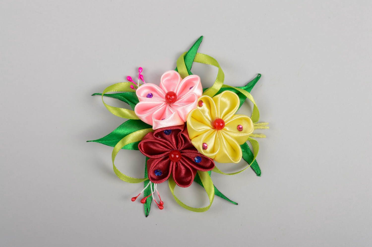 Детское украшение ручной работы заколка с цветами аксессуар для волос из лент фото 5