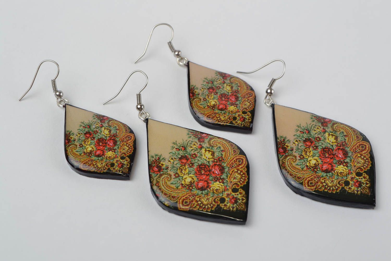 Beautiful homemade designer polymer clay earrings with decoupage 2 pairs photo 3