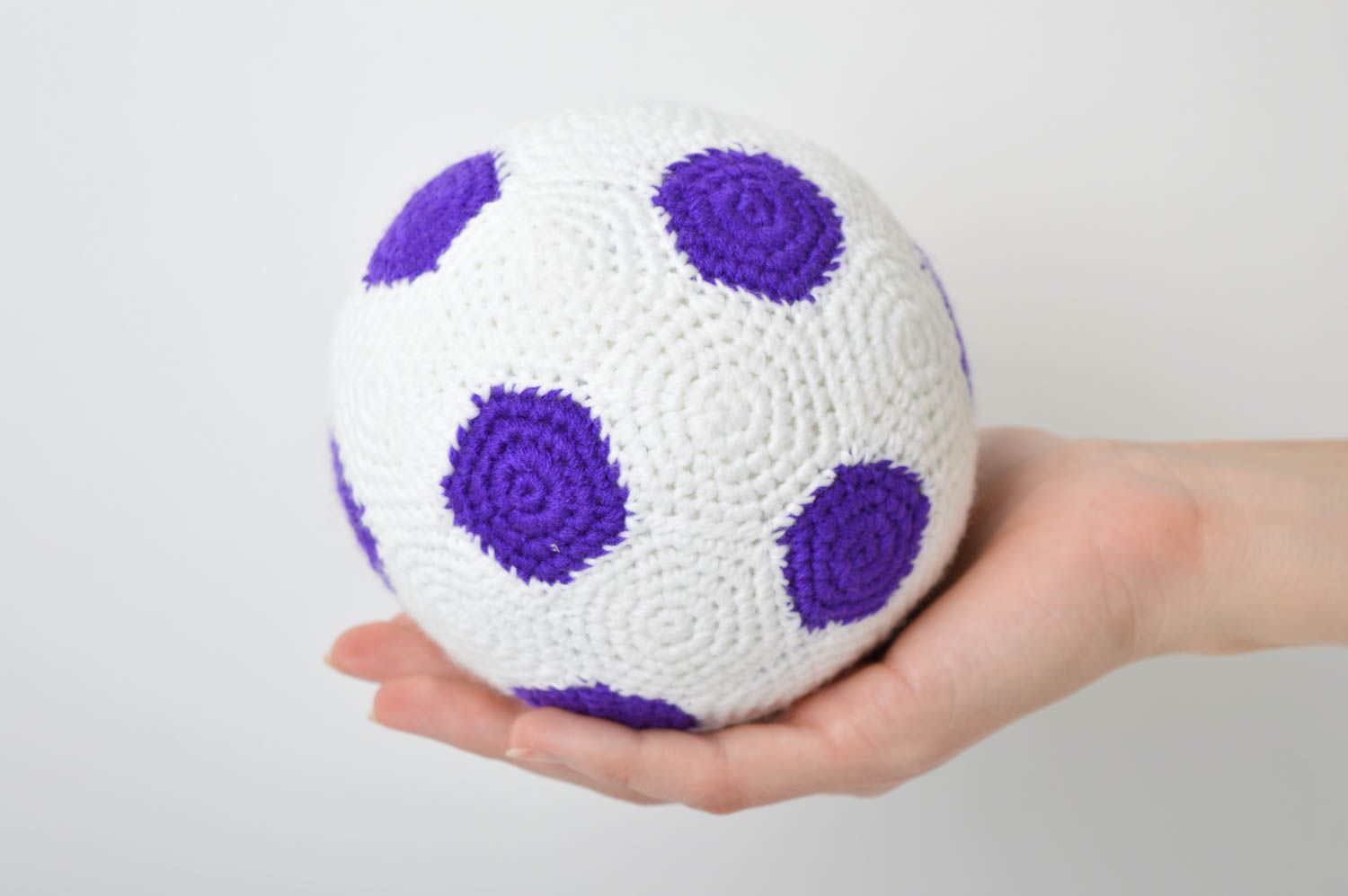 Handmade soft toy decorative crocheted toy white and purple crocheted ball photo 2