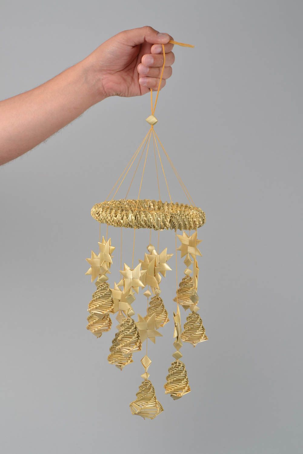Handmade interior wall pendant woven of straw in shape of bells  photo 2