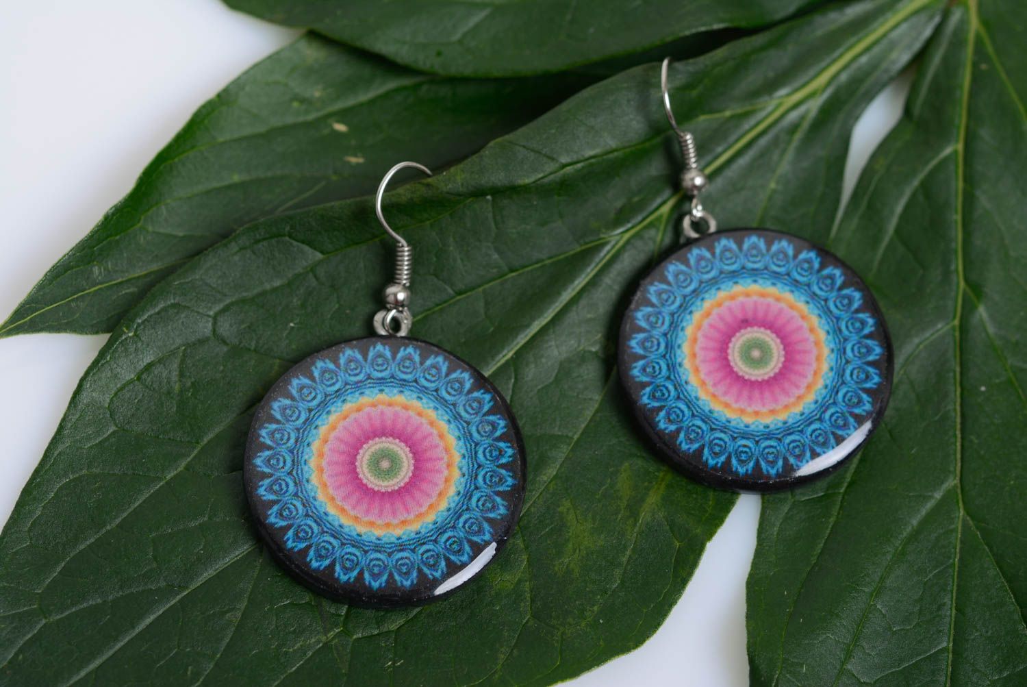 Round earrings with blue and pink pattern stylish handmade accessory for summer photo 2