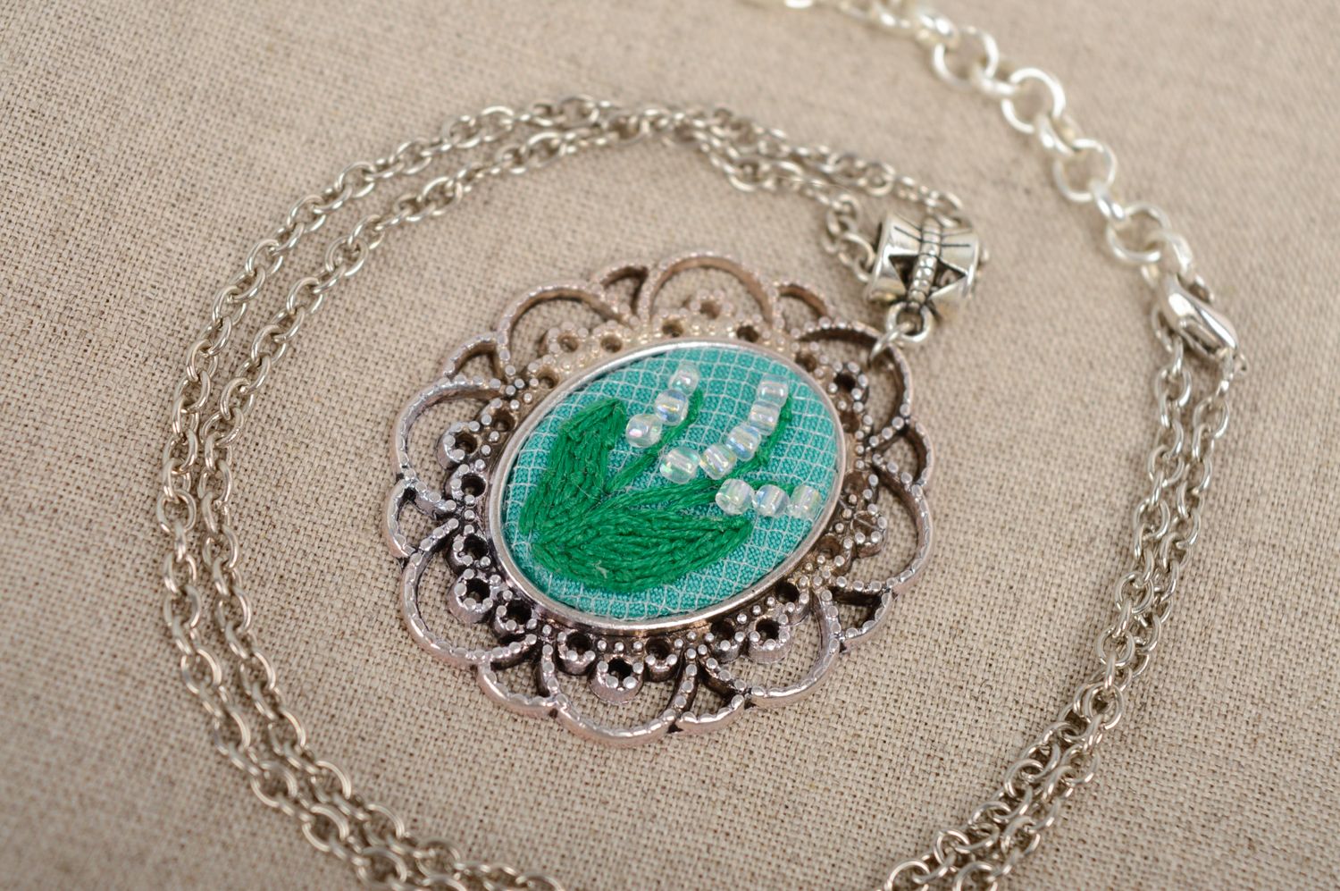 Vintage pendant embroidered with beads in rococo style photo 1