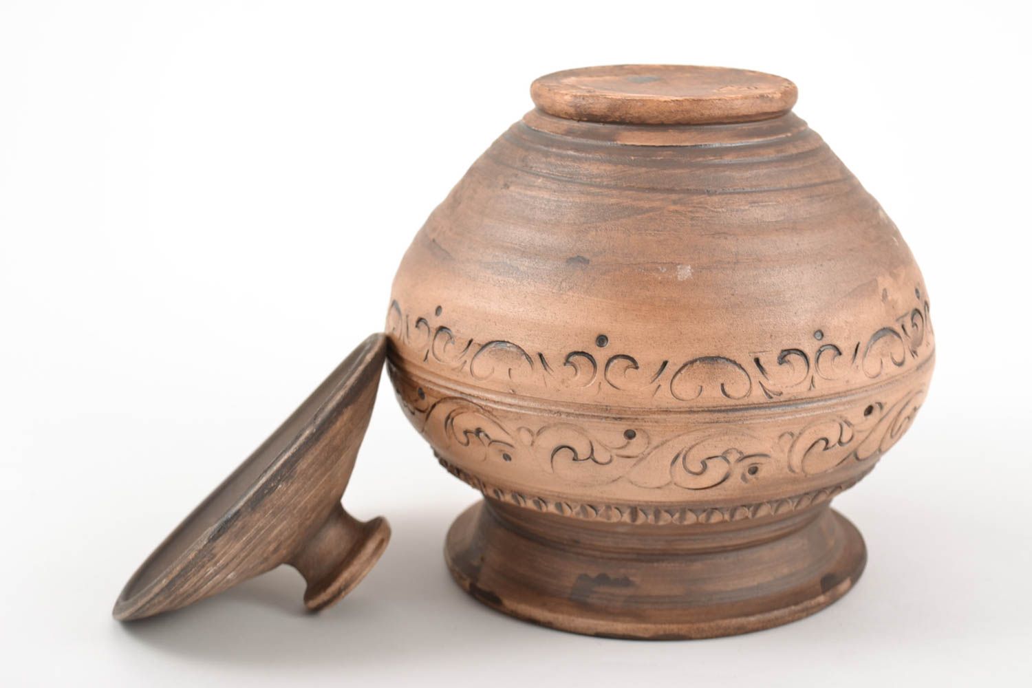 Grand pot à cuire céramique avec couvercle fait main brun original 1.5 l photo 5