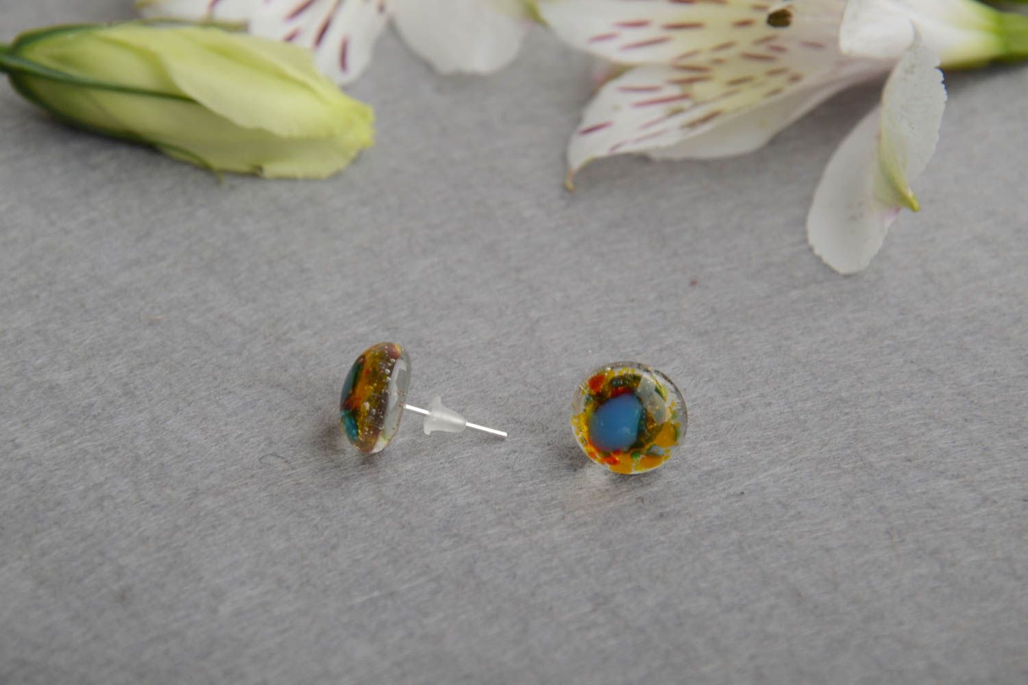 Rainbow stud earrings fusing glass handmade designer round-shaped accessory photo 1
