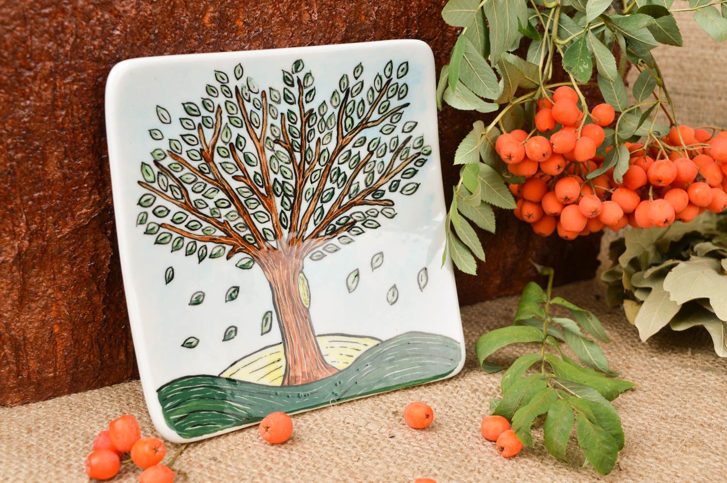 Handmade Deko Porzellanteller weiß Teller quadratisch originelles Geschenk Baum foto 1