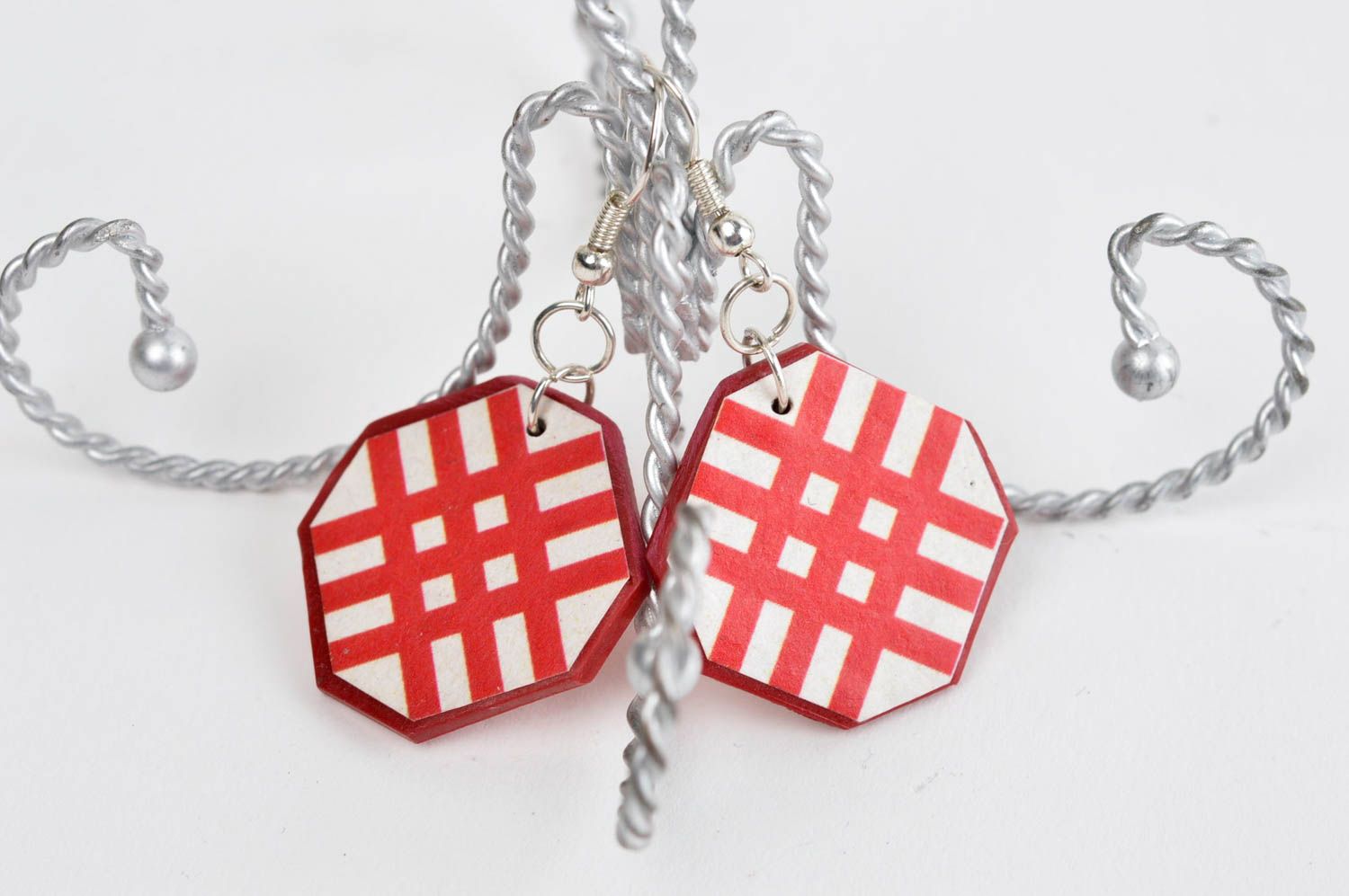 Red handmade wooden earrings fashion accessories wood craft small gifts photo 1
