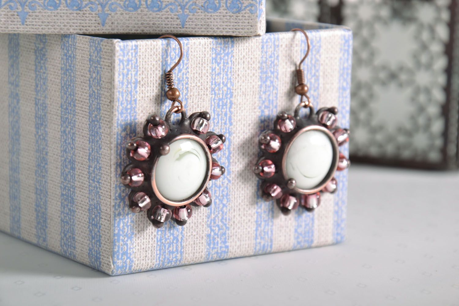 Earrings made of glass and metal Milk photo 1