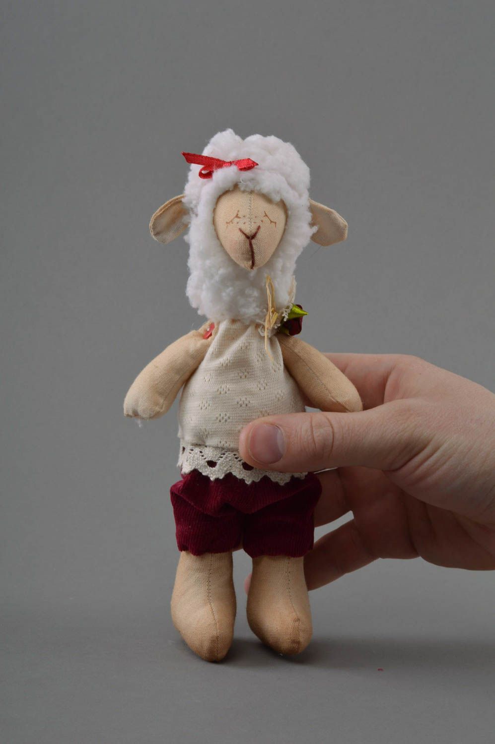 Handmade nice cotton fabric soft toy lamb in velvet and jersey clothes  photo 4