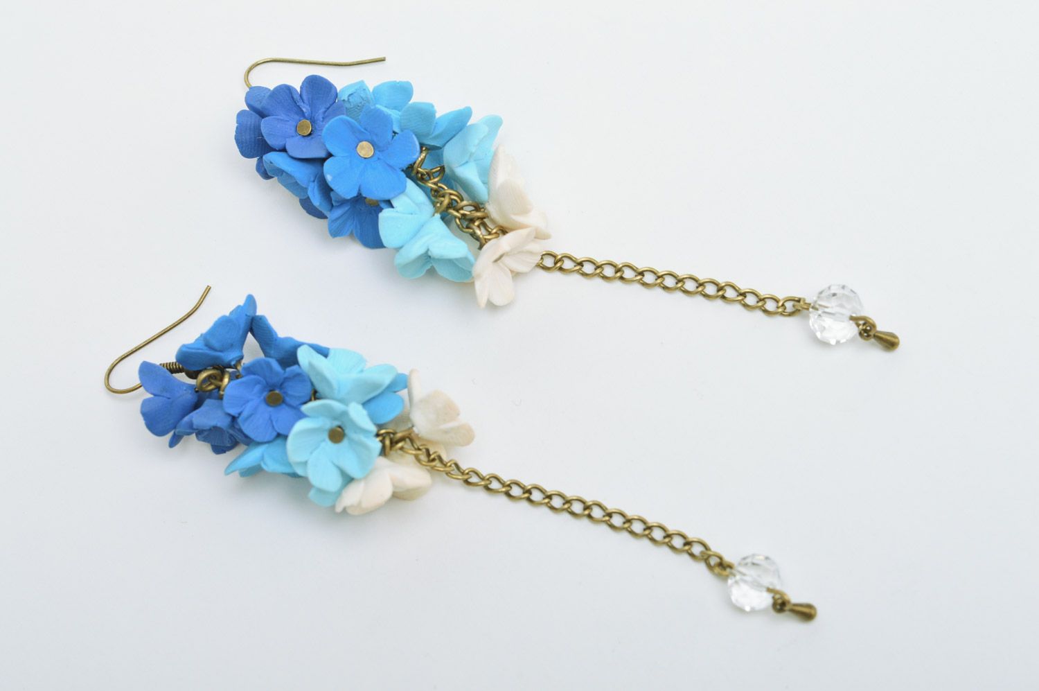 Long handmade earrings made of polymer clay with chain in the form of snowdrops photo 2