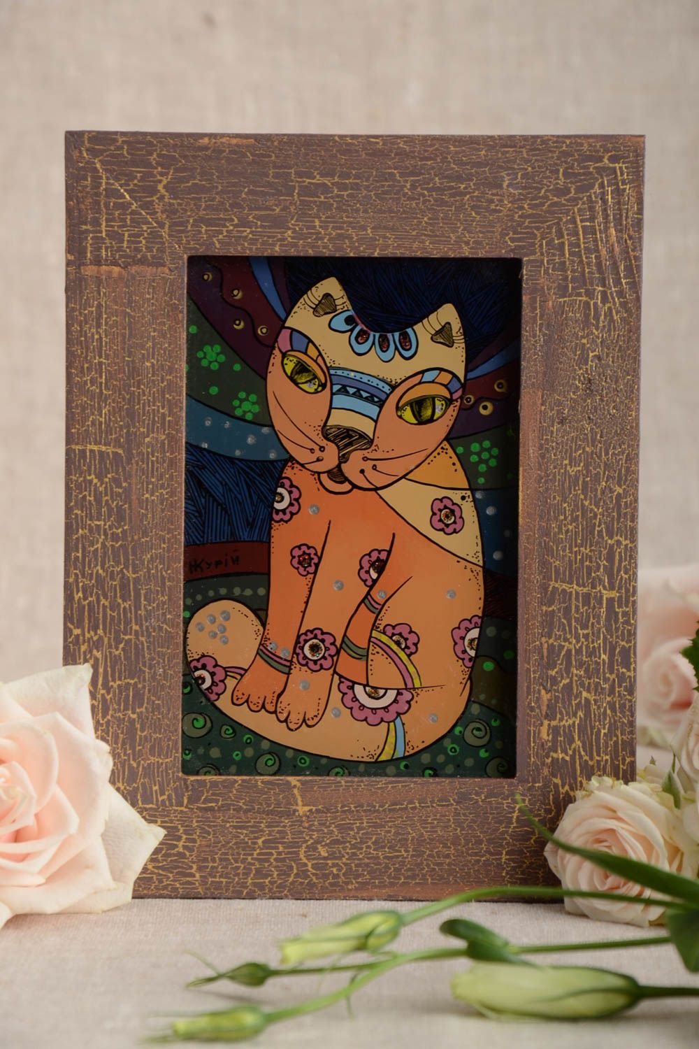 Belle peinture avec chat dans cadre faite main petite décoration éclatante photo 1