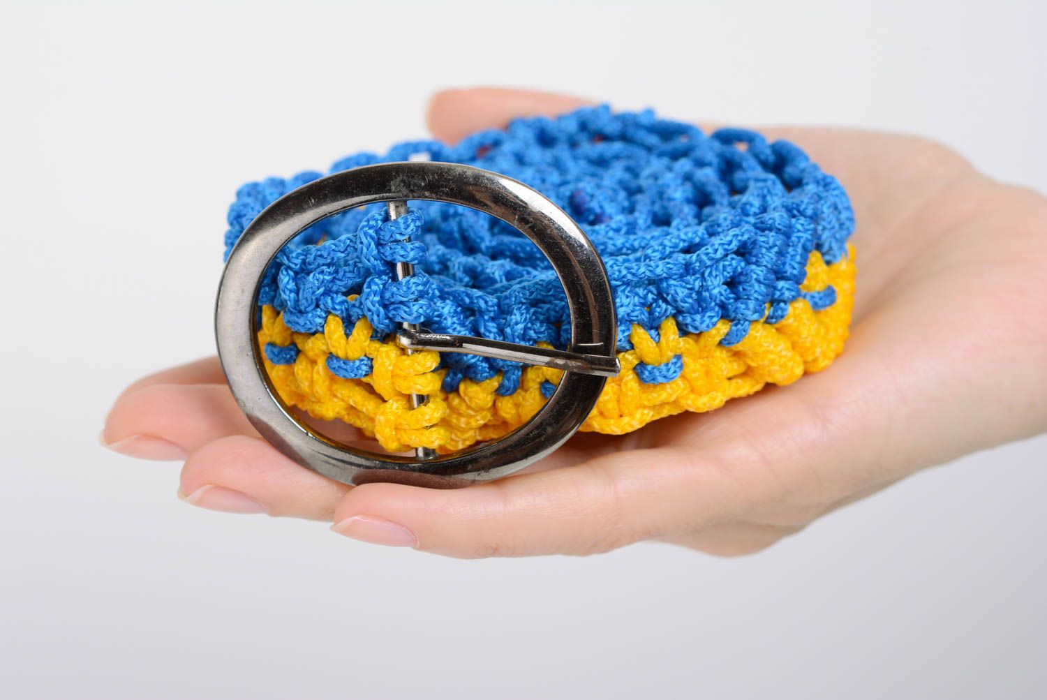 Blue with a yellow belt macrame handmade designer bright accessory for every day photo 4