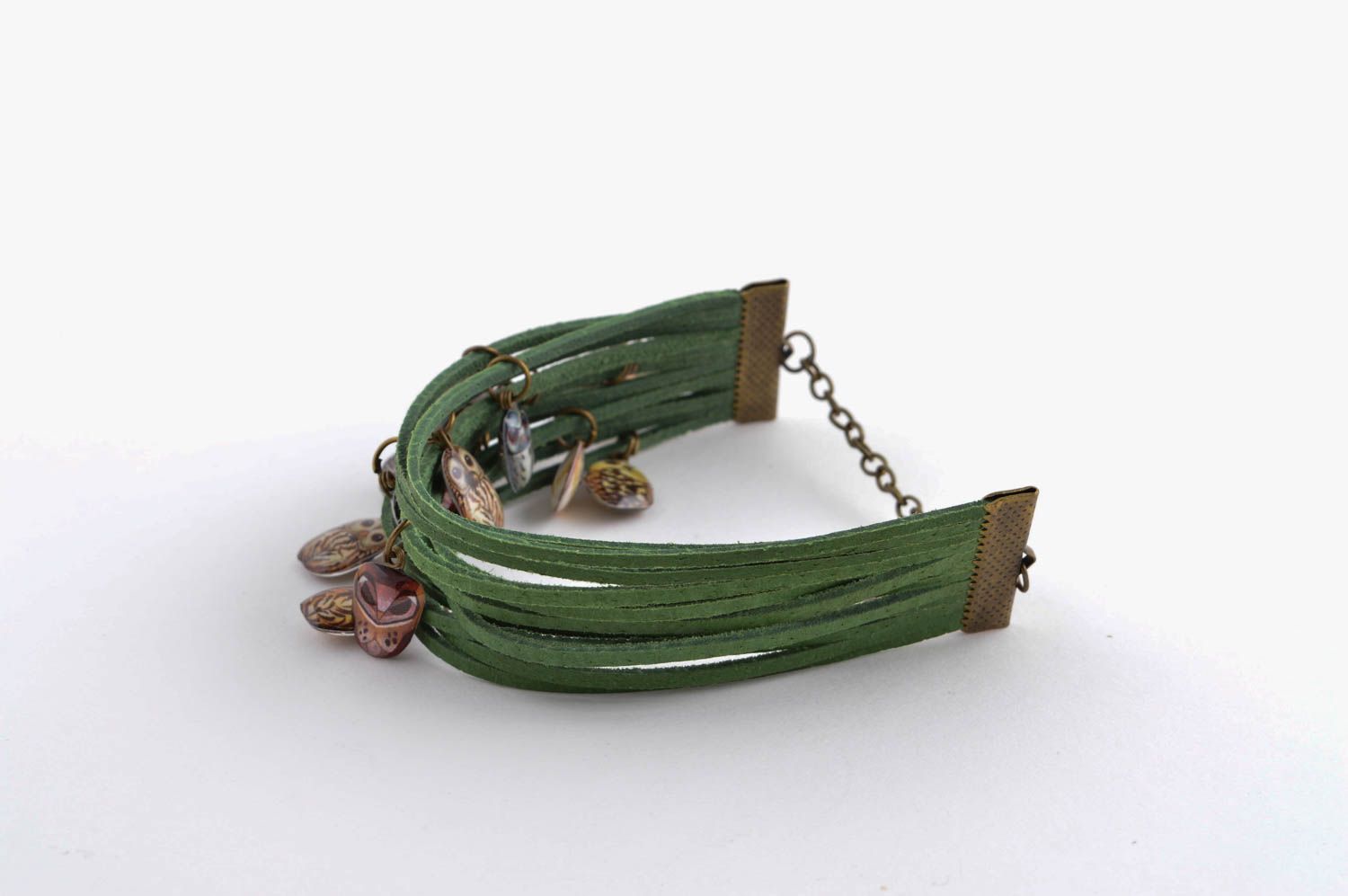 Зеленый браслет ручной работы кожаный браслет необычный украшение из кожи фото 2