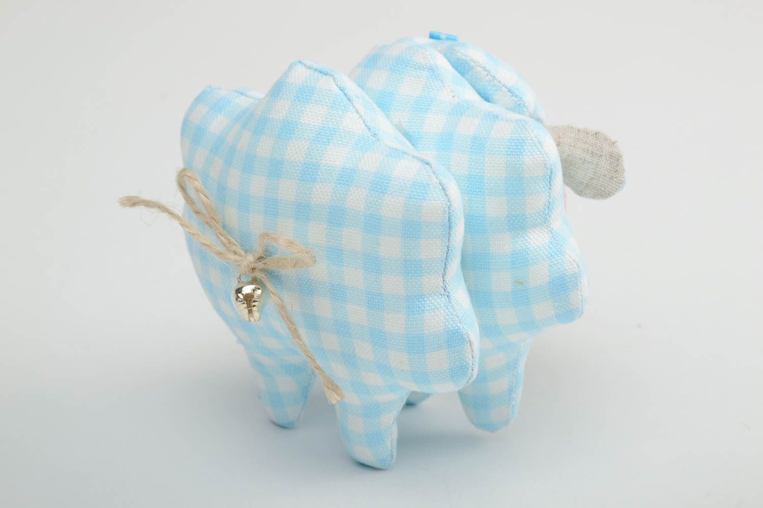 Handmade small checkered linen fabric soft toy blue lamb painted with acrylics photo 4