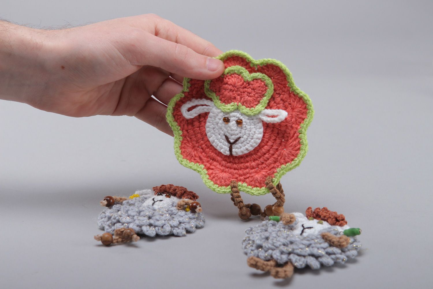 Set of handmade fridge magnets crocheted of cotton and wool 3 items Lambs photo 4
