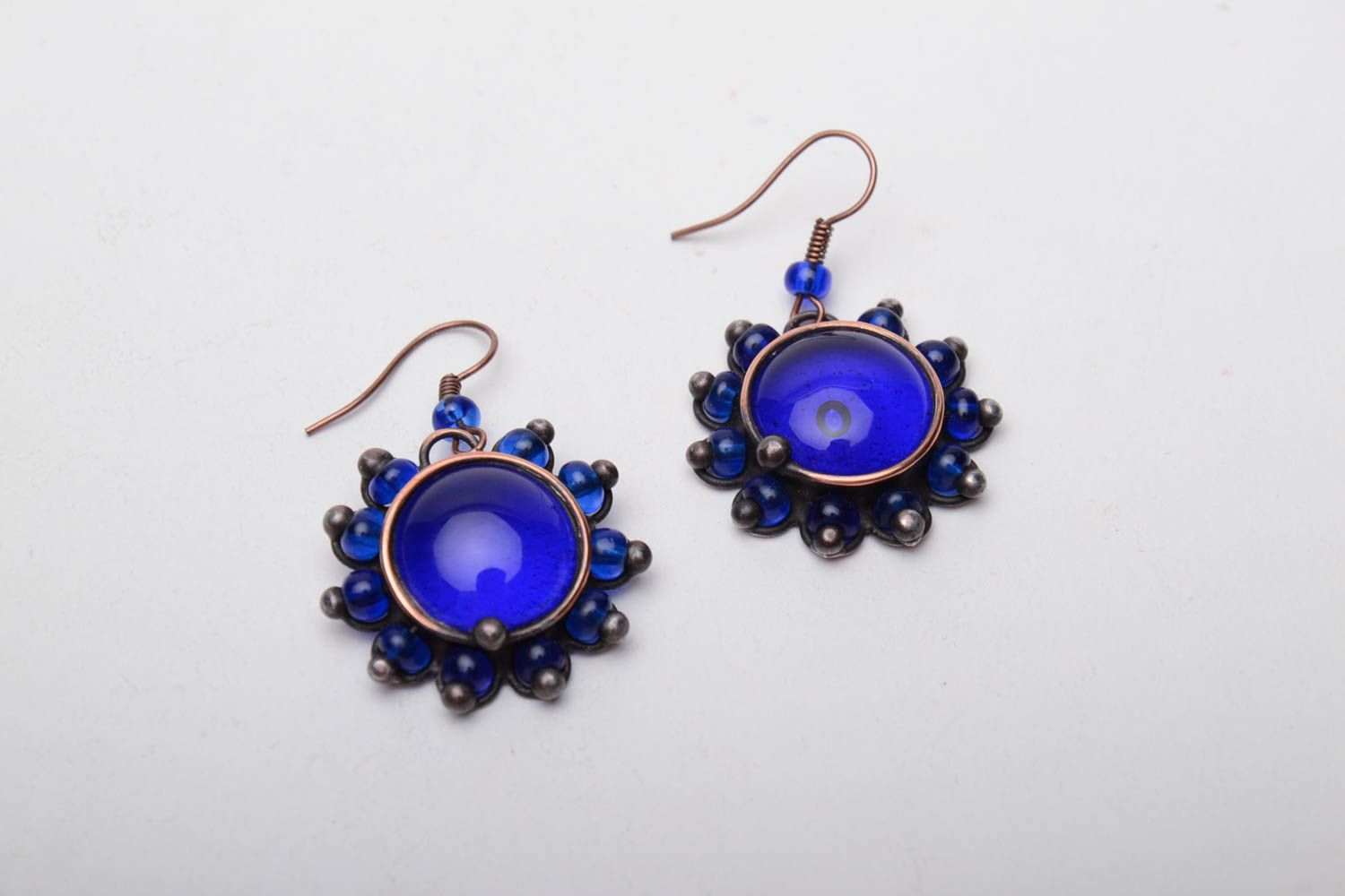 Copper earrings with blue glass photo 2