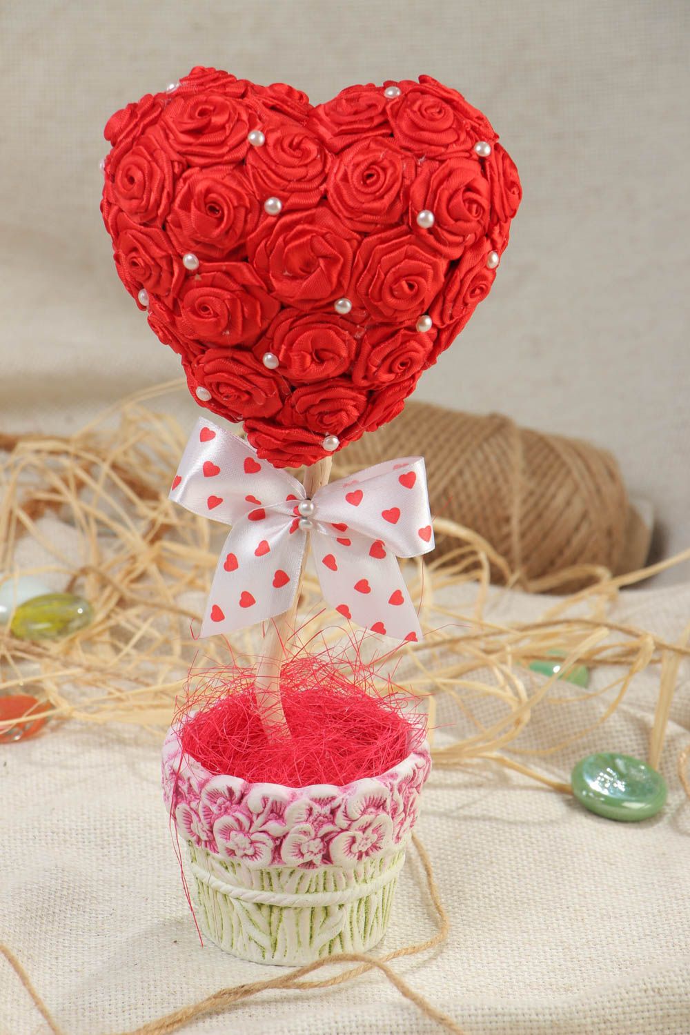 Handmade decorative red heart shaped satin ribbons topiary in ceramic pot photo 1