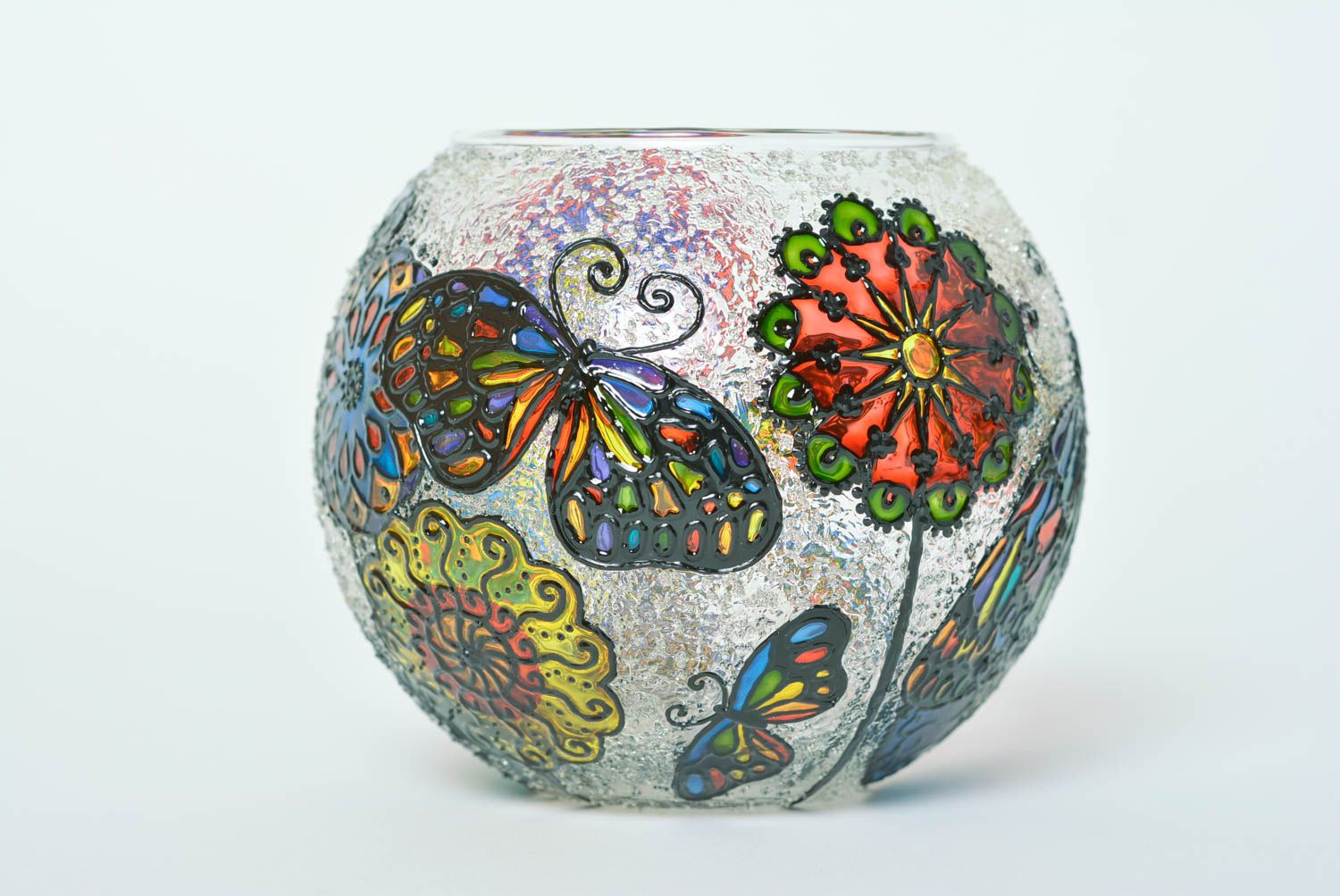 Vase verre fait main Déco maison Cadeau original à fleurs stylé peint vitrail photo 1