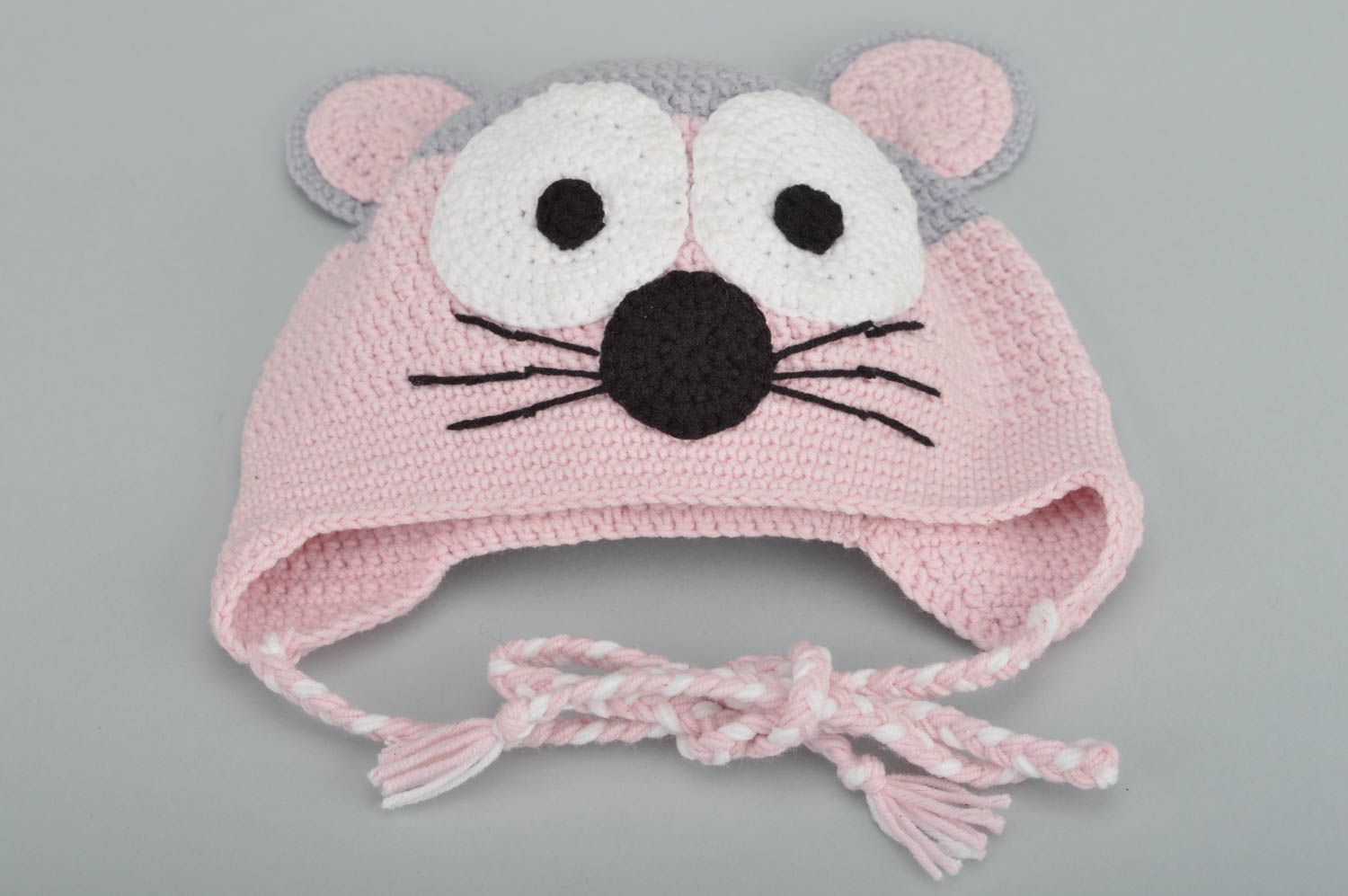 Kinder Mütze aus Baumwolle Maus handmade mit Ohrenklappen gehäkelt originell  foto 2