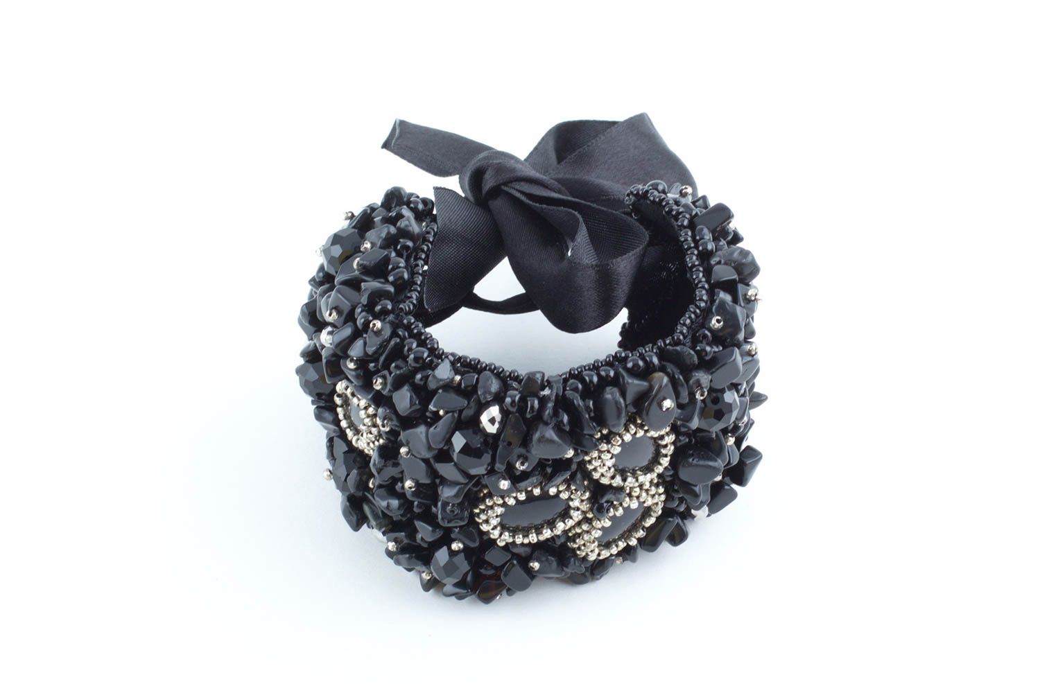 Bracelet noir Accessoire fait main large agate perles de rocaille Cadeau femme photo 3
