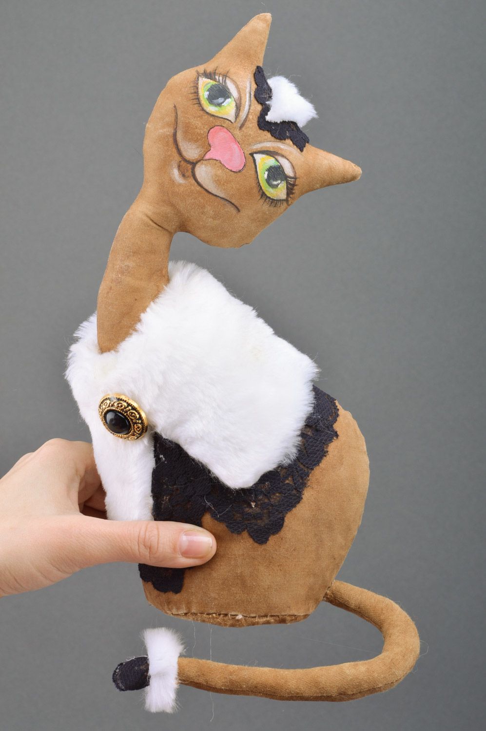 Handmade brown fabric soft toy cat with artificial fur of average size  photo 3