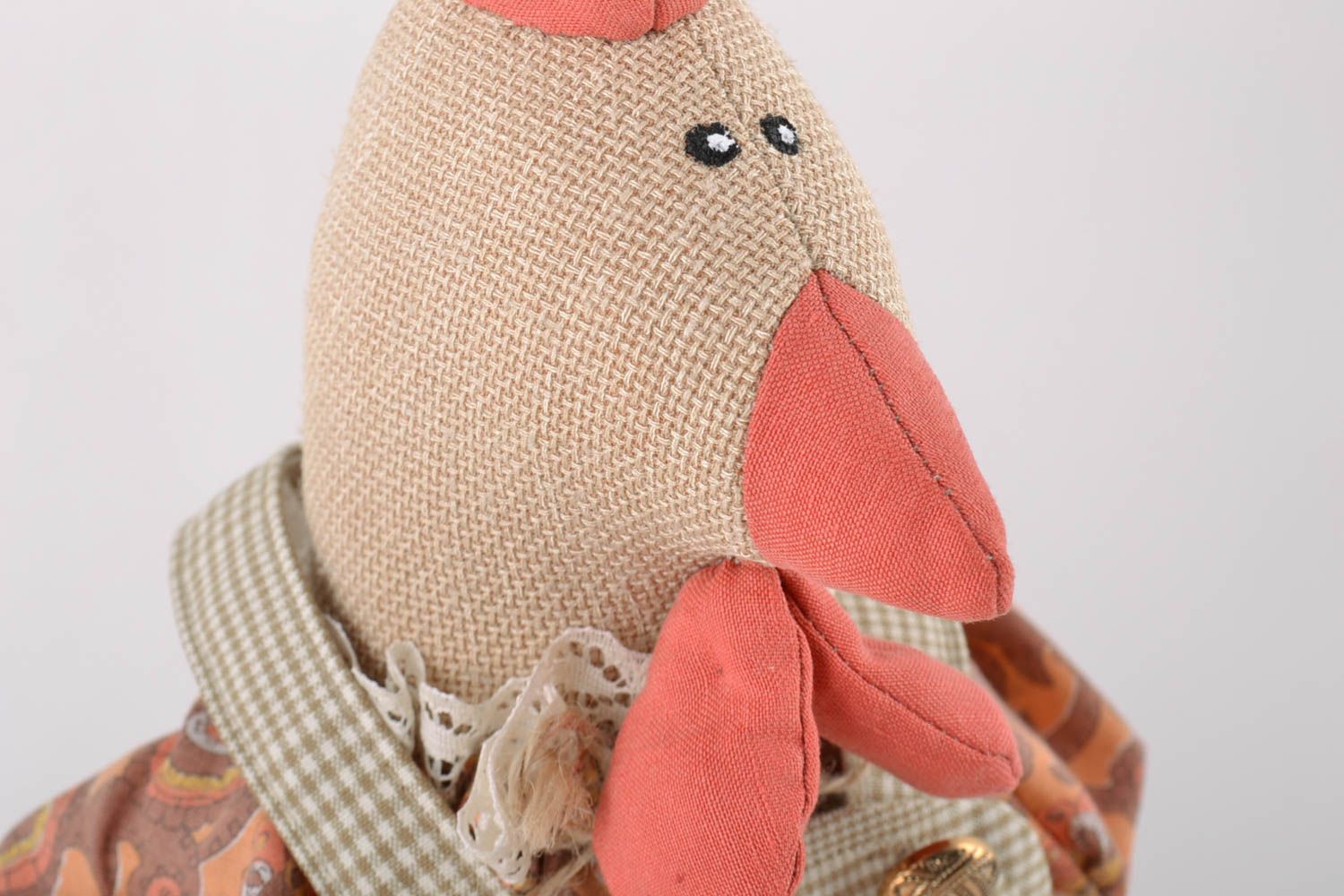 Handmade linen soft toy chicken in dress with long paws in pastel color palette photo 3