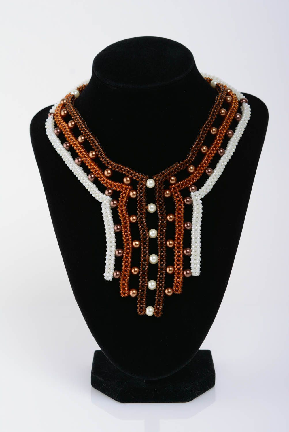 Unusual brown handmade woven beaded necklace designer evening jewelry photo 3