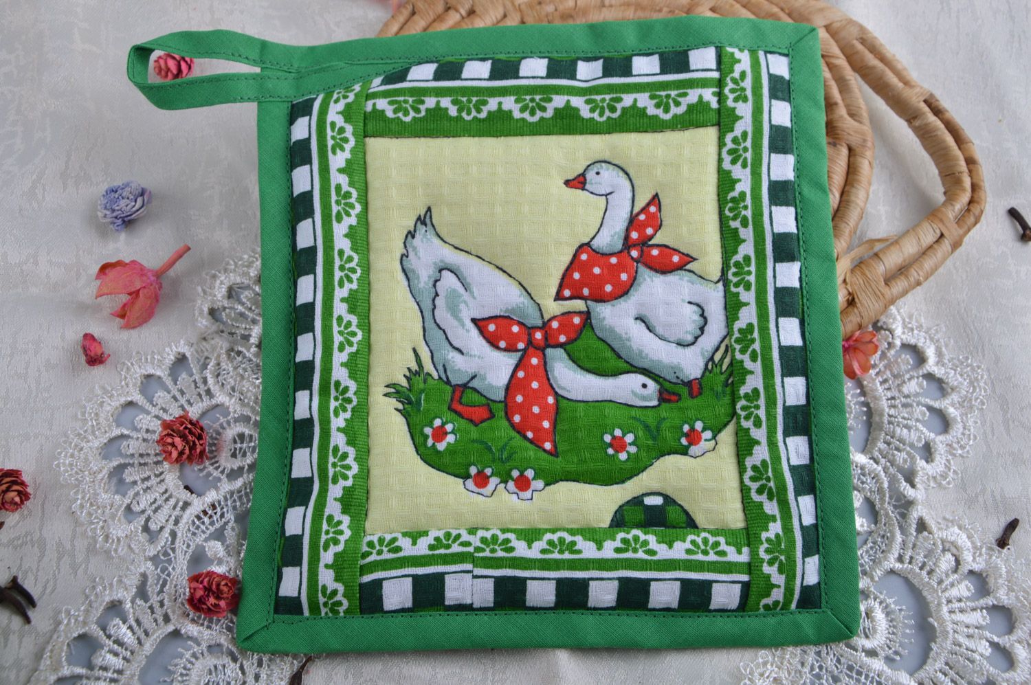 Handmade square pot holder sewn of cotton with geese image in green color palette photo 3