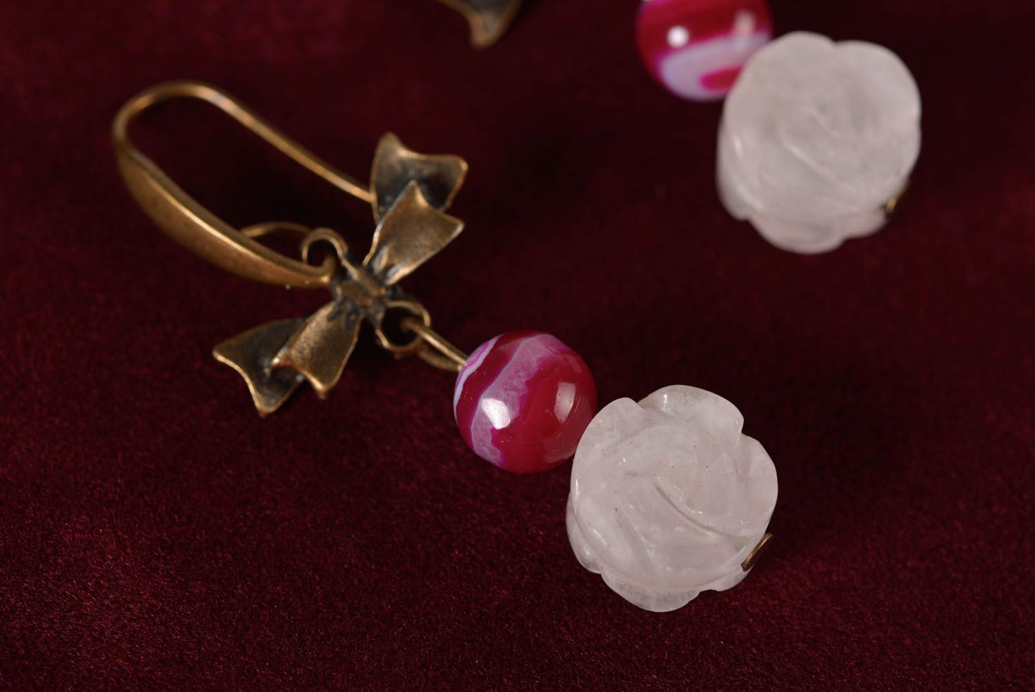 Boucles d'oreilles pendantes Bijou fait main agate quartz rose Cadeau femme photo 3