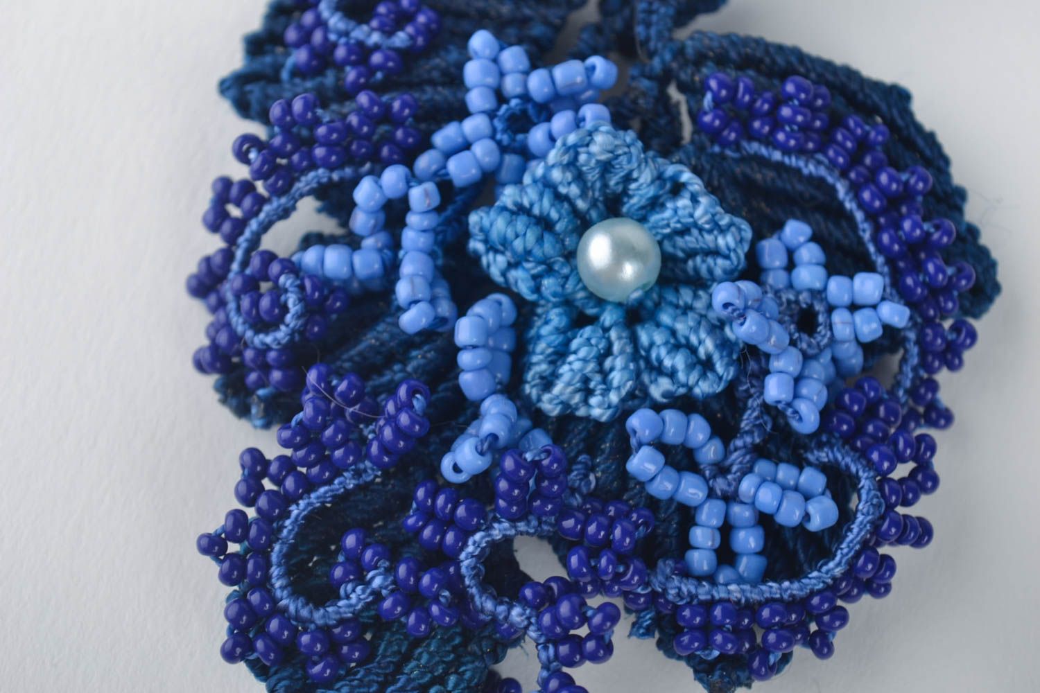 Parure Bracelet macramé Broche fleur faits main Pendentif bleu originaux 3 pcs photo 3