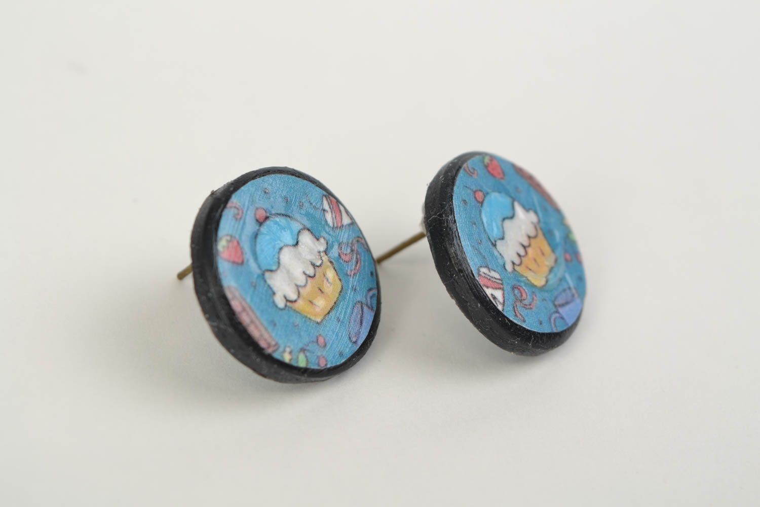 Handmade plastic round stud earrings with decoupage print photo 3