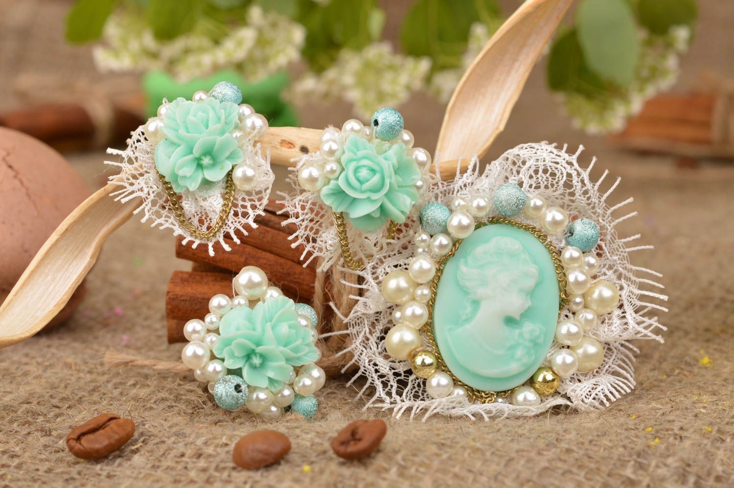 Handmade set of jewelry ring brooch and earrings made of lace and beads photo 1