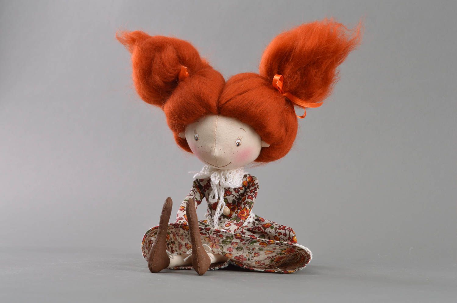 Designer handmade interior doll made of fabric on stand Red haired girl photo 3