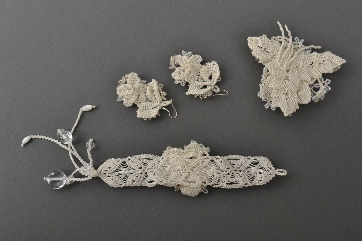 Handmade jewelry set woven earrings lace bracelet brooch jewelry beadwork ideas photo 2
