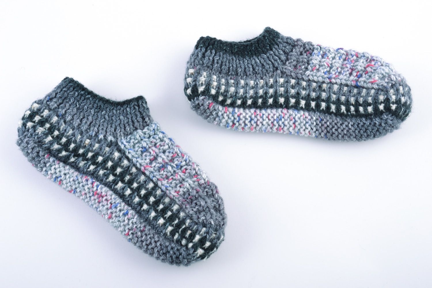 Beautiful handmade designer warm knitted half-wool slippers of gray color for women photo 5