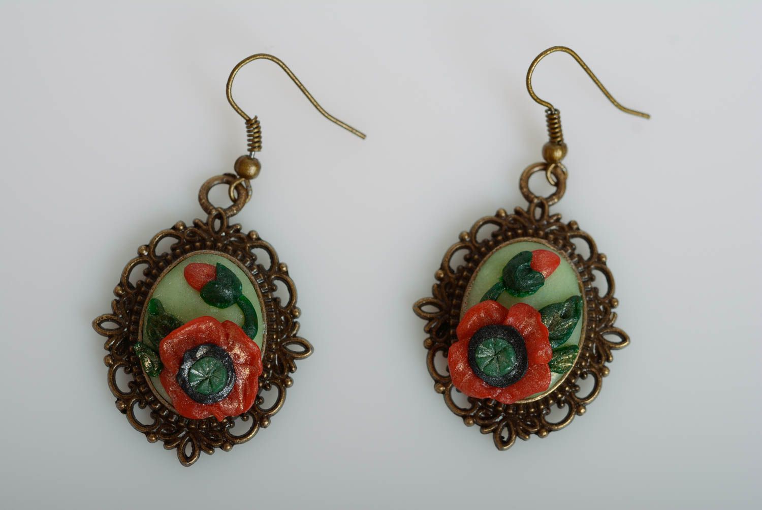 Handmade earrings with charms made of polymer clay in vintage style Poppies photo 1