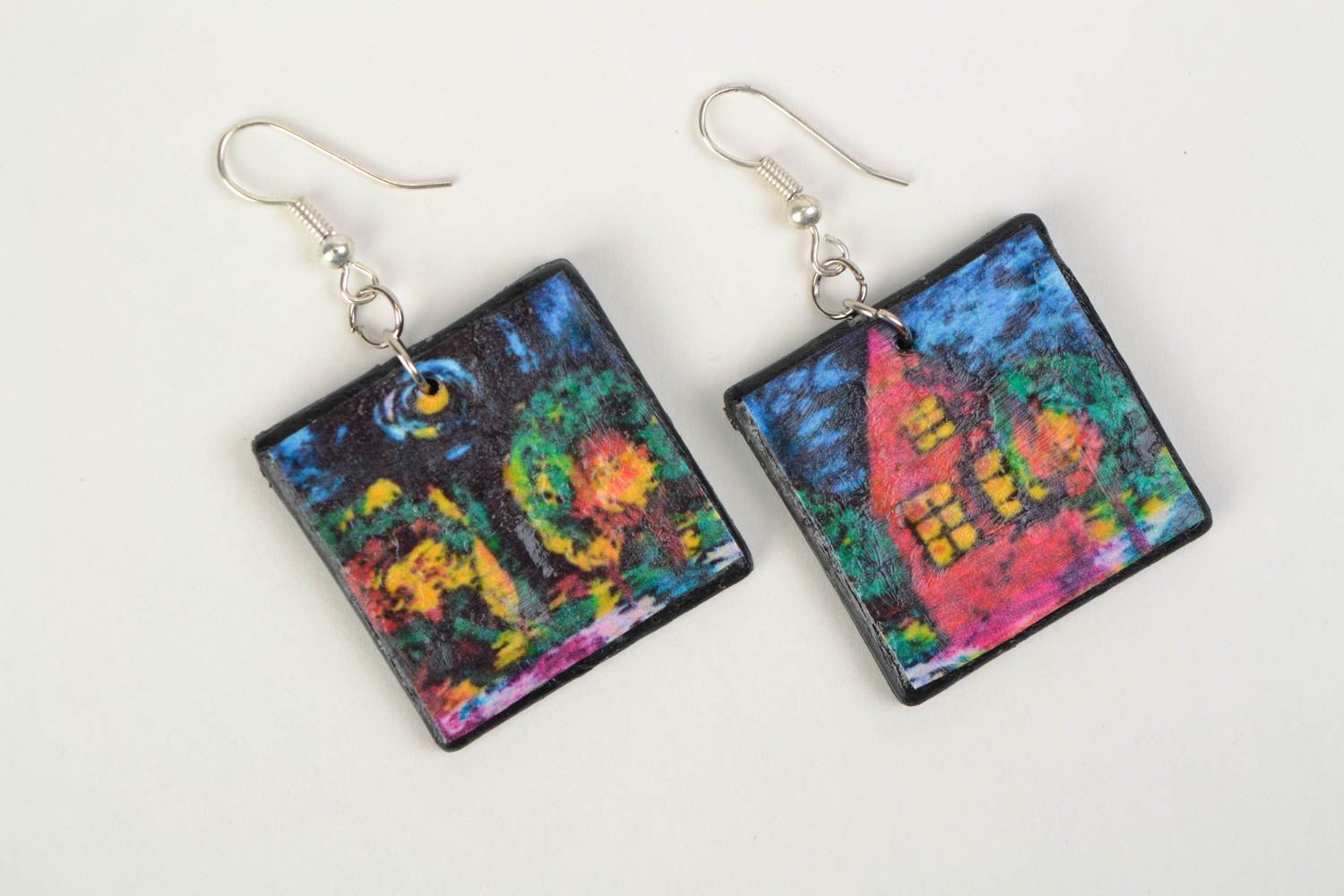 Large handmade decoupage polymer clay square earrings with hook ear wires photo 3