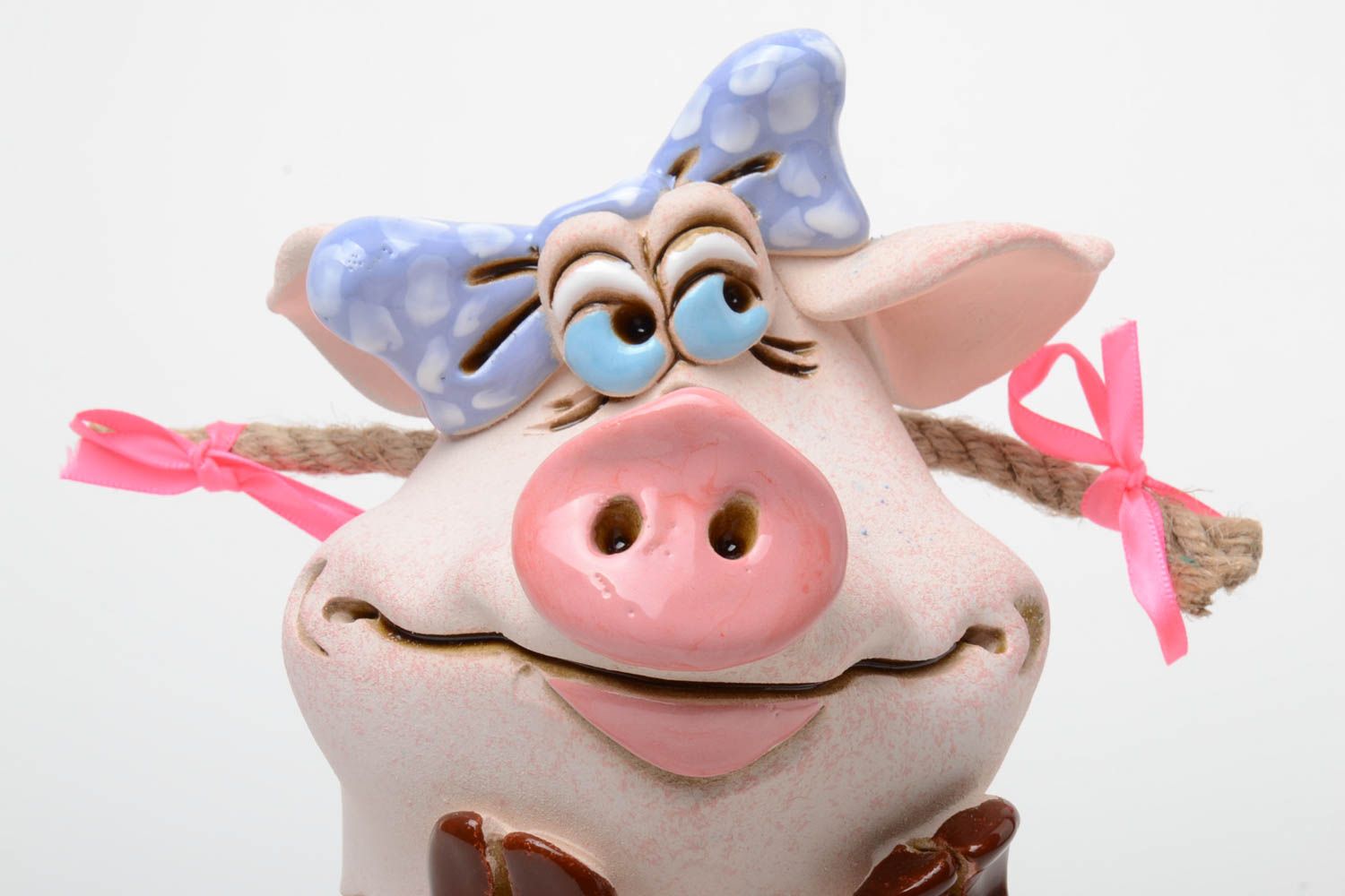Large handmade interior money box made of clay painted with pigments cute pig photo 3