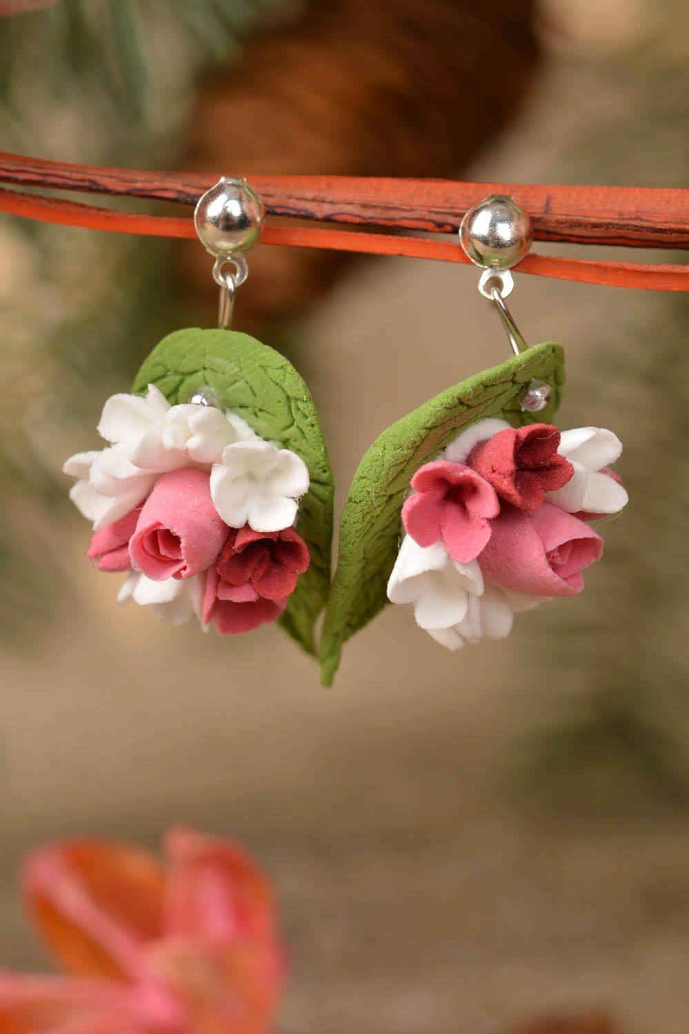 Handmade earrings made of polymer clay leaves with flowers summer accessory photo 1